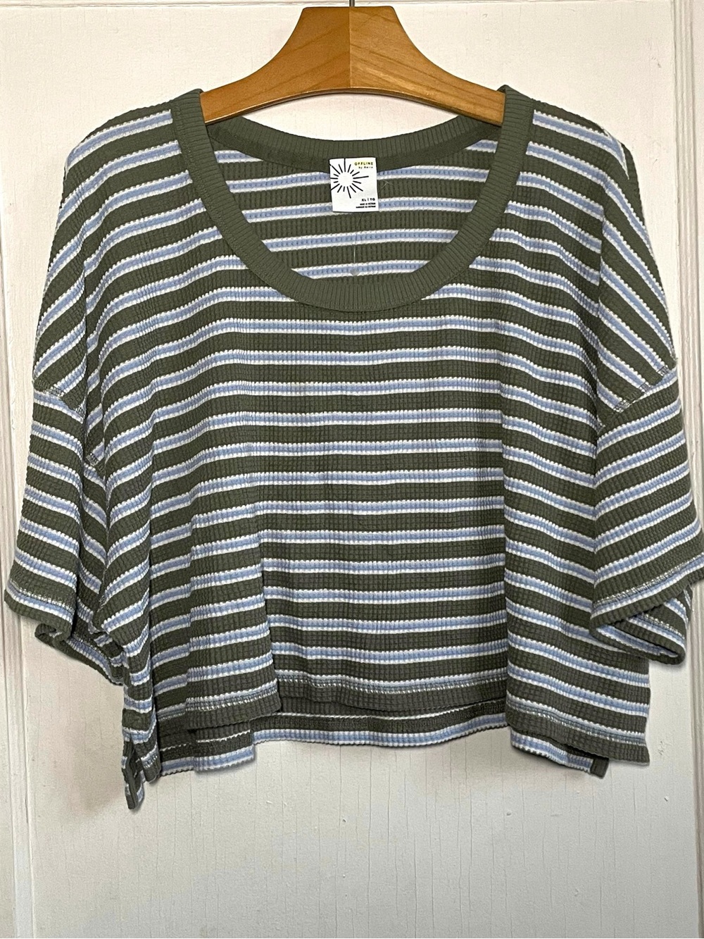 OFFLINE by Aerie Waffle Knit Striped Top XL Green Blue Boxy Oversized Lounge
